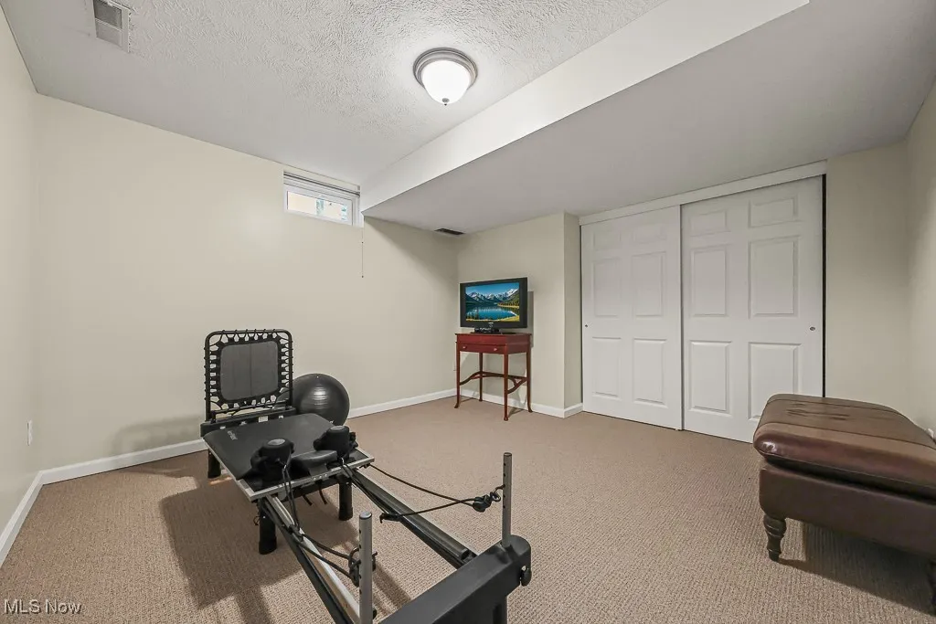 Workout room featuring carpet flooring and a textured ceiling