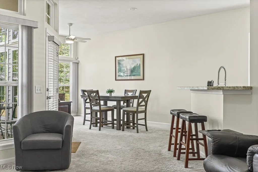 Dining area featuring light carpet and ceiling fan