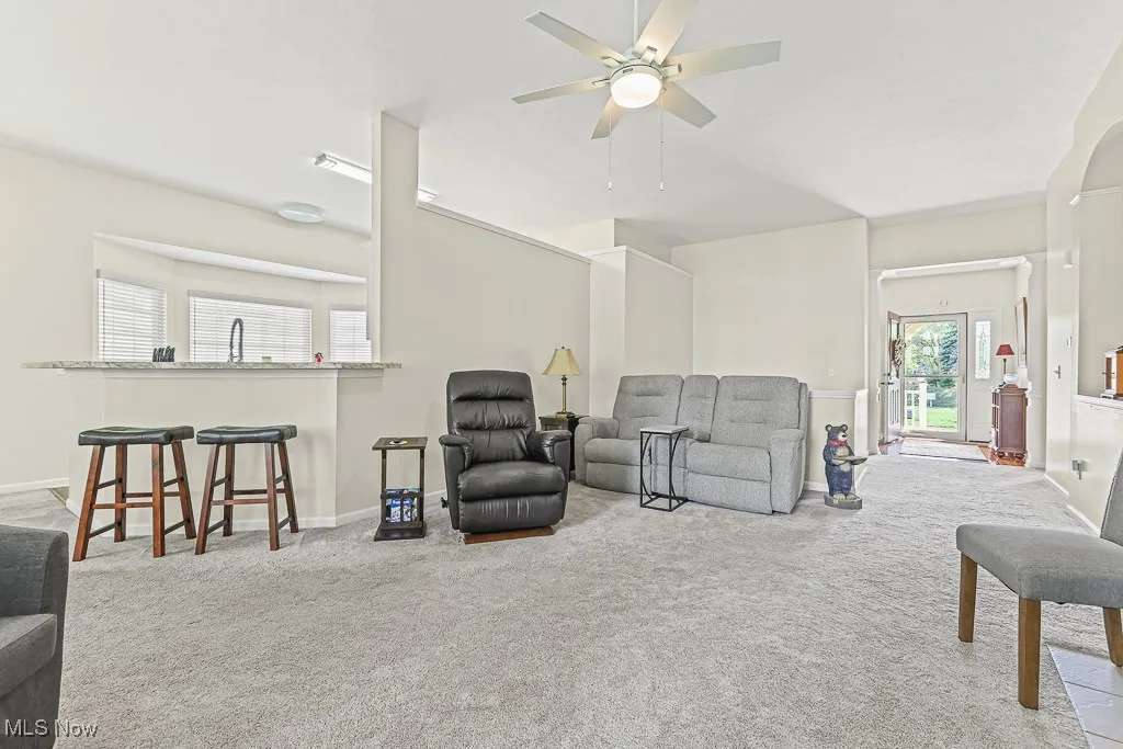Living room featuring light colored carpet and a ceiling fan