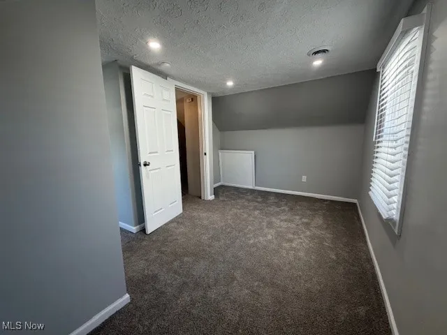 Additional living space with dark colored carpet, a textured ceiling, vaulted ceiling, and recessed lighting
