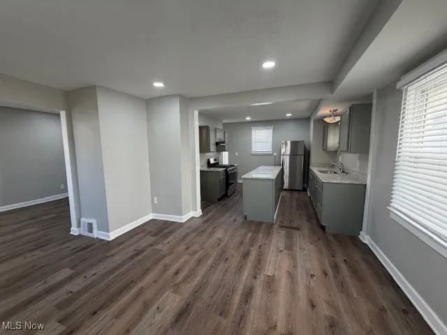 Kitchen with gray cabinets, appliances with stainless steel finishes, dark wood-style floors, recessed lighting, and open floor plan