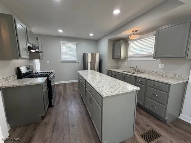 Kitchen featuring gray cabinets, appliances with stainless steel finishes, dark wood-type flooring, recessed lighting, and a center island