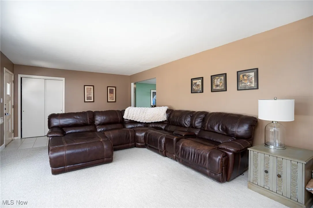 Living room featuring light colored carpet