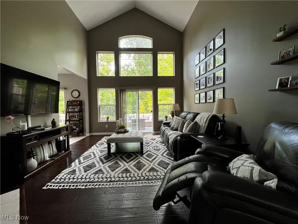 Living area with dark wood-style flooring and high vaulted ceiling