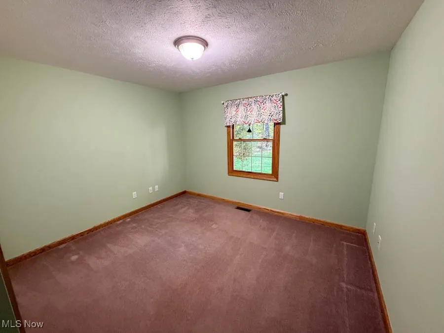 Carpeted empty room with a textured ceiling and baseboards