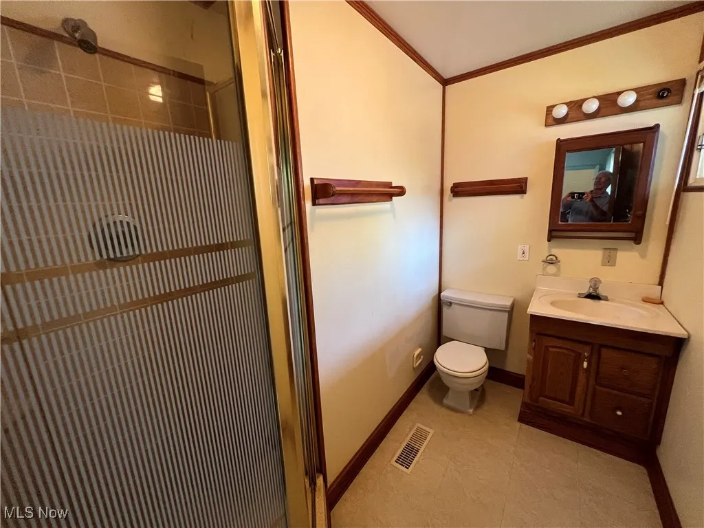 Bathroom featuring crown molding, a stall shower, and vanity