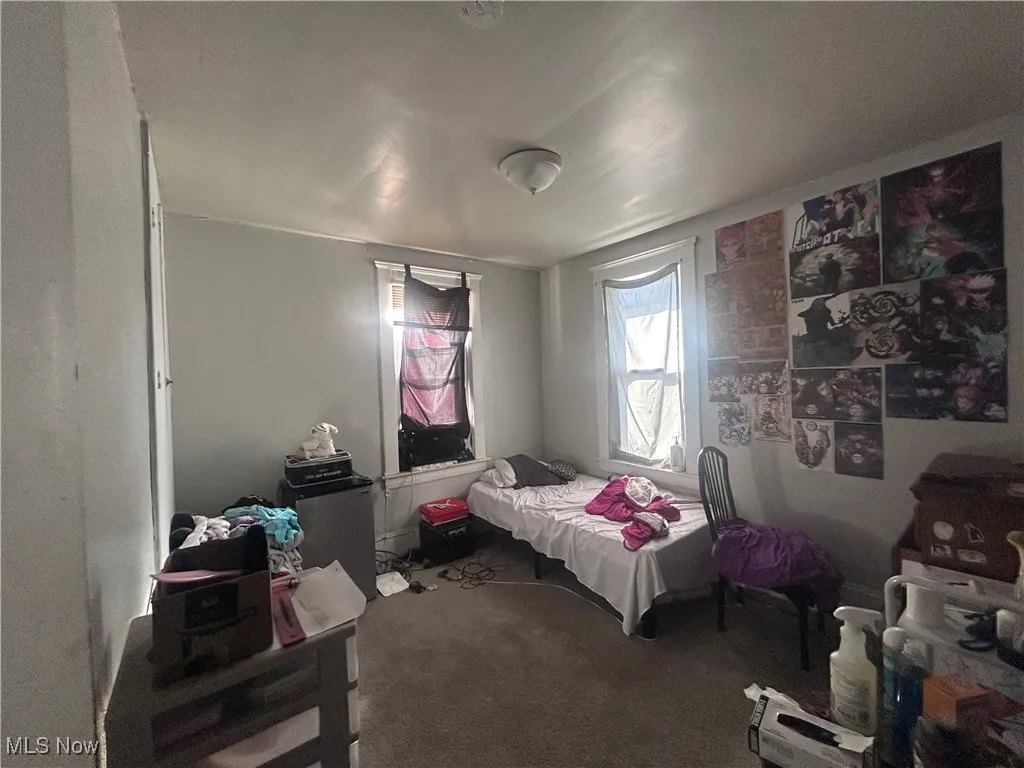 Bedroom featuring dark colored carpet