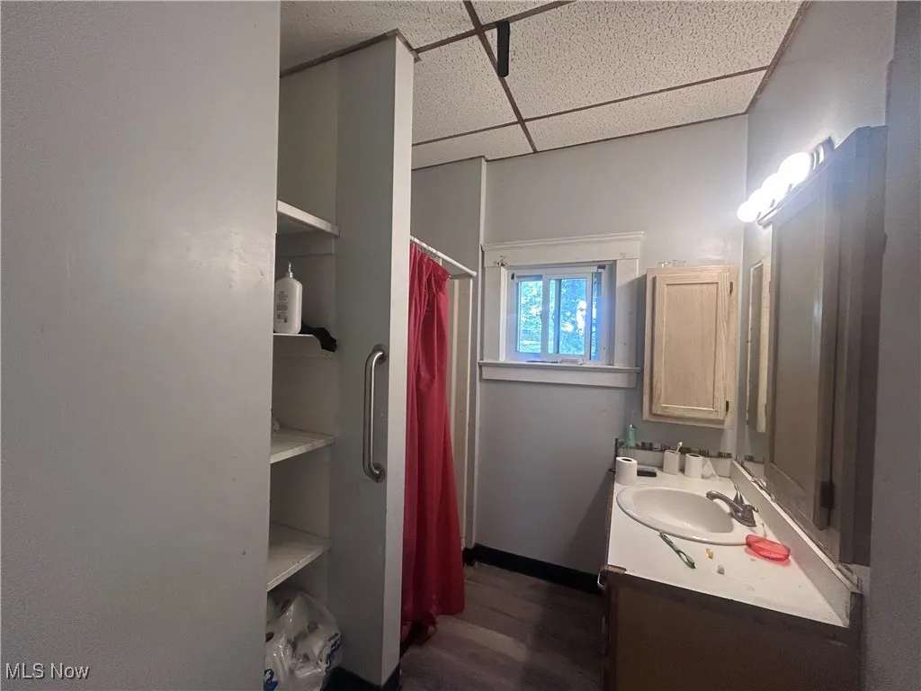 Bathroom featuring vanity, dark wood-style flooring, a shower with shower curtain, and a drop ceiling