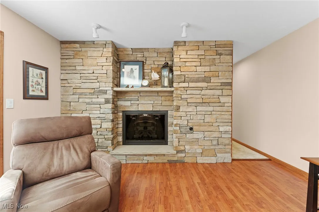 Living room with wood finished floors and a fireplace