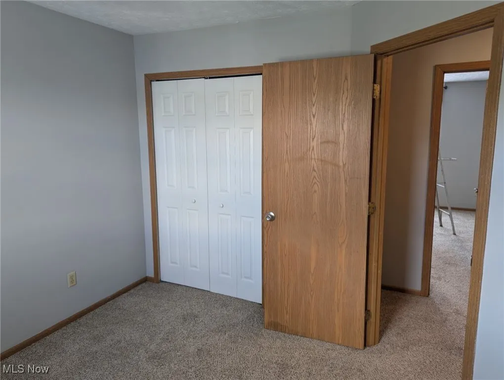 Unfurnished bedroom with carpet and a closet