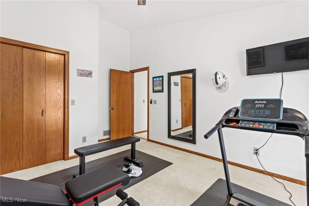 Exercise area featuring carpet and a towering ceiling