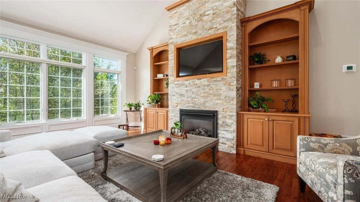 Living room with vaulted ceiling, dark wood finished floors, a fireplace, and built in shelves