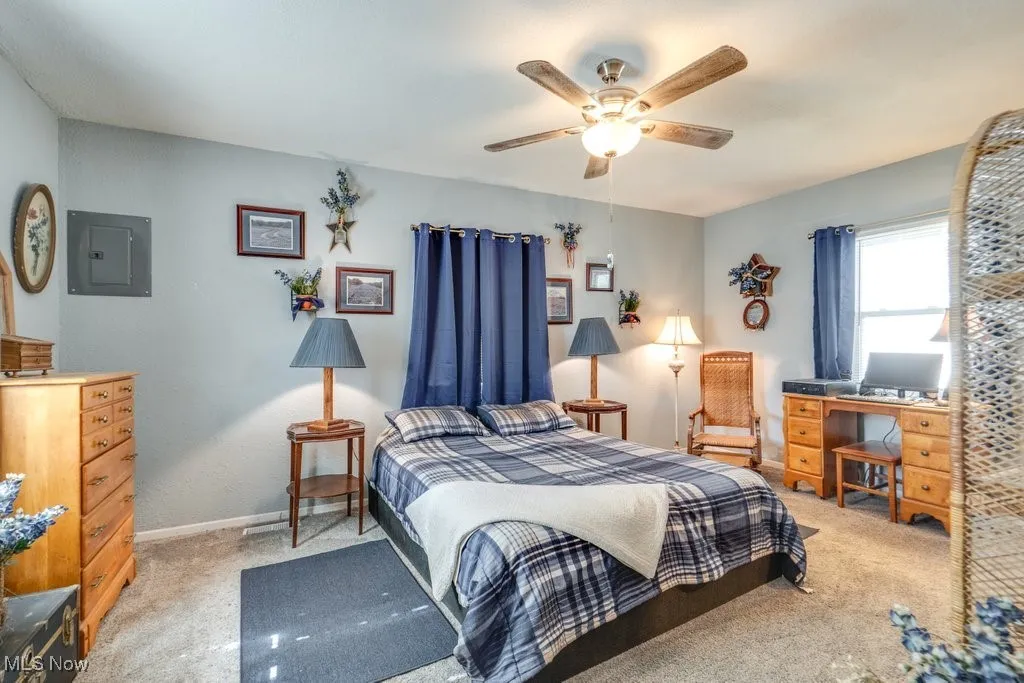 Carpeted bedroom featuring electric panel and ceiling fan