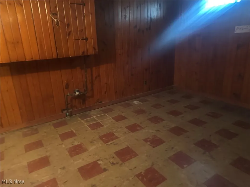 Basement with wood walls and light floors