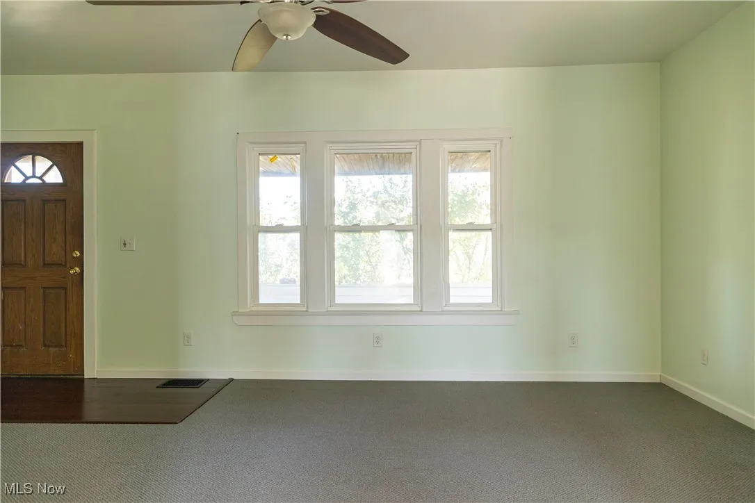 Entrance foyer and living room  featuring new windows, bamboo flooring at entry, carpet and ceiling fan