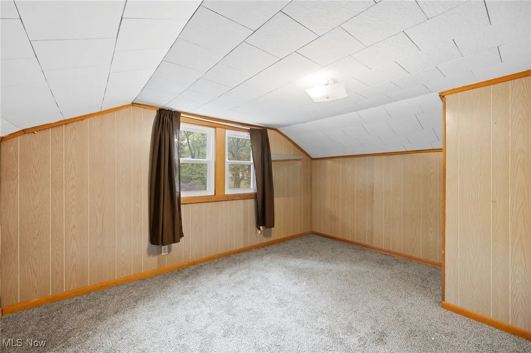 Additional living space featuring lofted ceiling, light colored carpet, and wooden walls