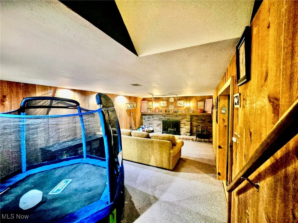 Living area with wood walls, a textured ceiling, carpet, and a fireplace