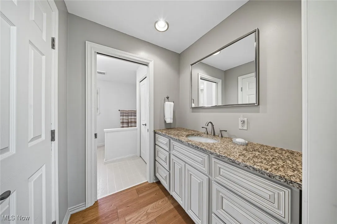 Bathroom with light wood-style floors and vanity