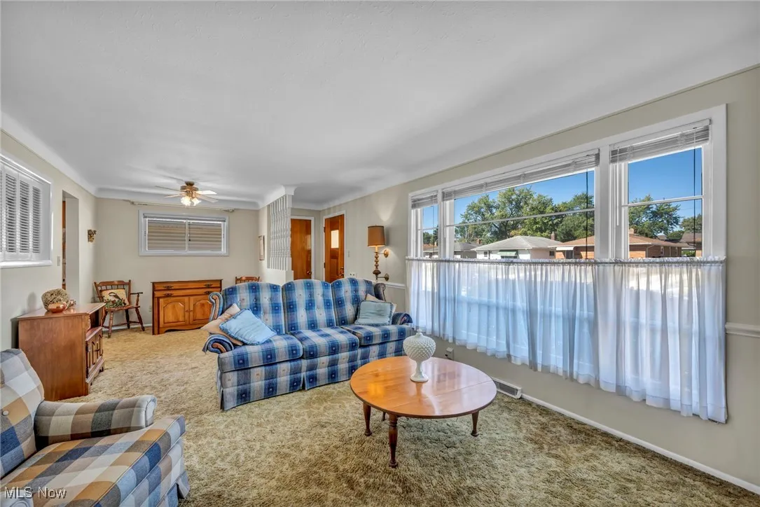 Carpeted living room with ceiling fan