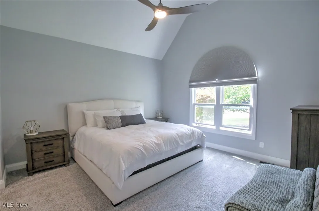Carpeted bedroom with a ceiling fan and high vaulted ceiling