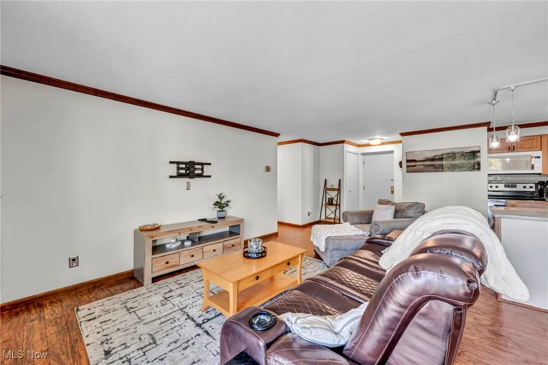 Living area featuring ornamental molding and wood finished floors