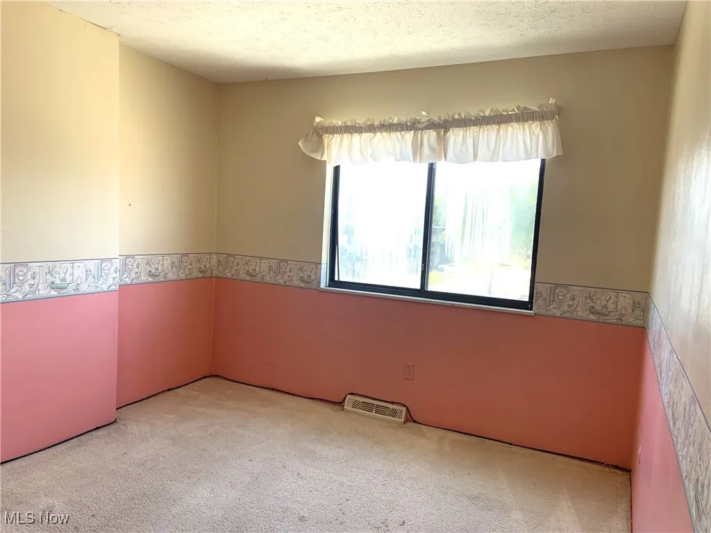 Carpeted spare room with a textured ceiling
