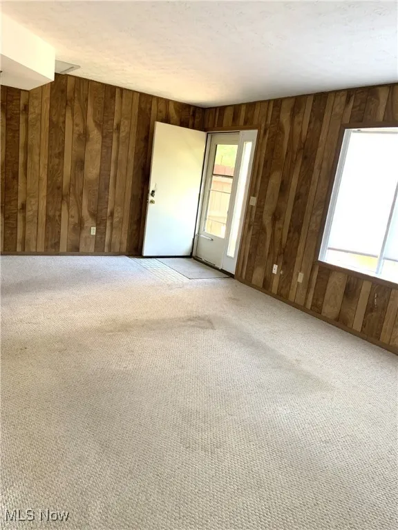 Carpeted spare room with wooden walls and a textured ceiling