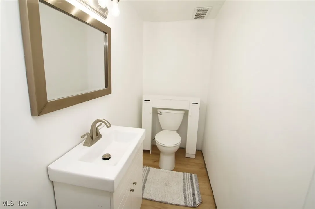 Bathroom with light wood-style floors and vanity
