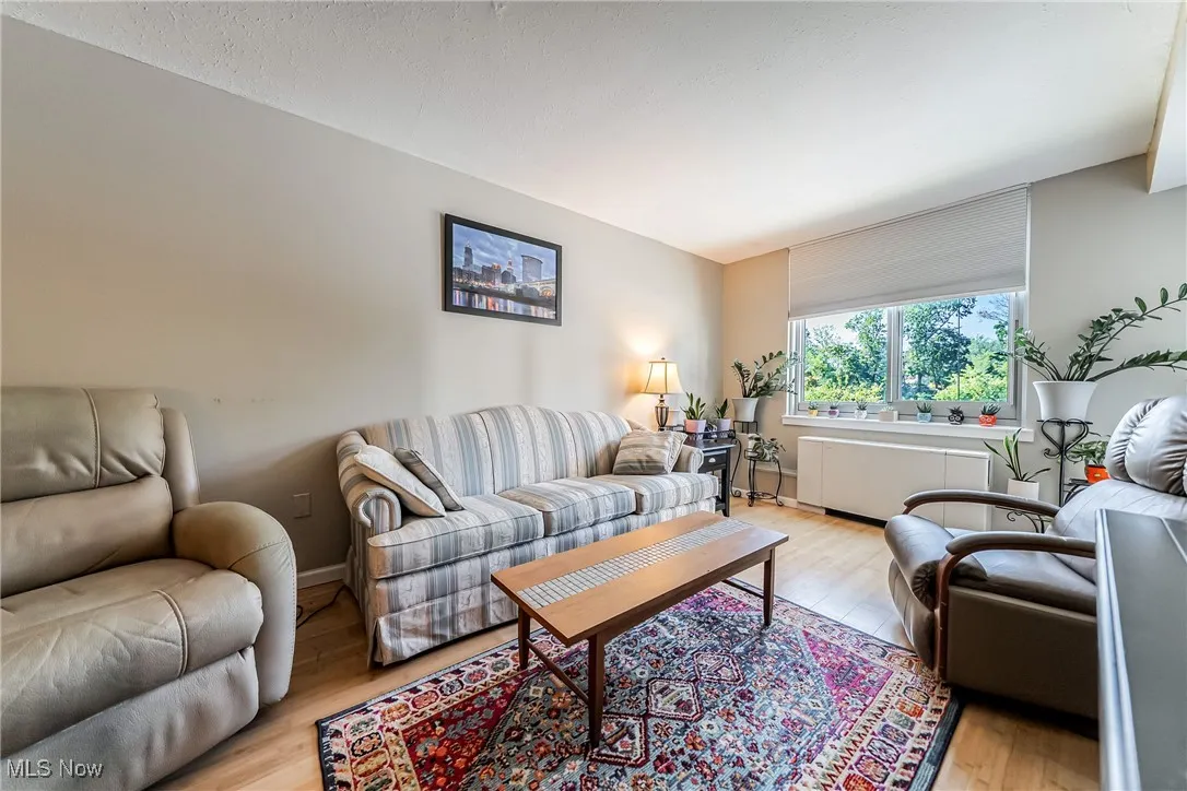 Living room featuring heating unit and light wood-style floors
