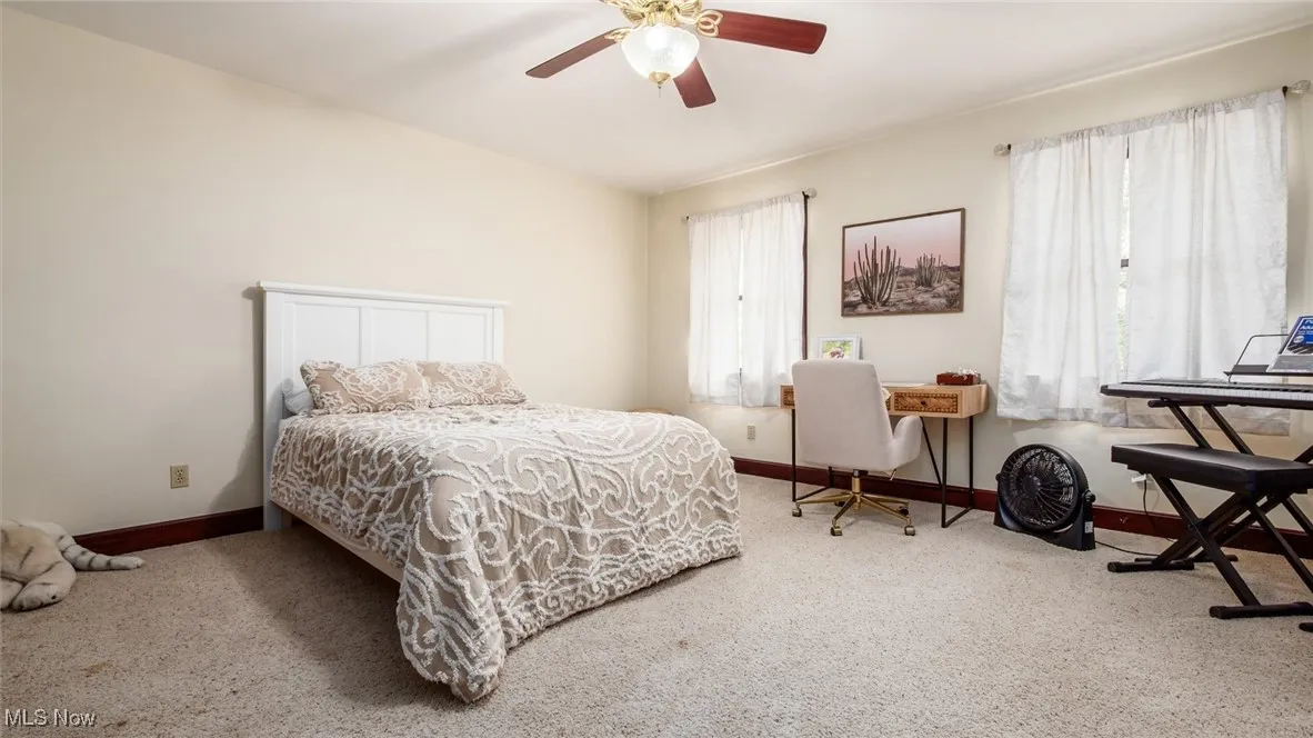 Carpeted bedroom with multiple windows and a ceiling fan