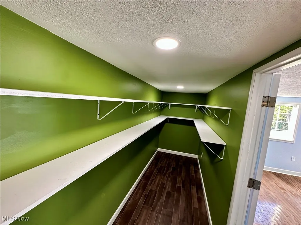 Walk in closet with dark wood-style flooring