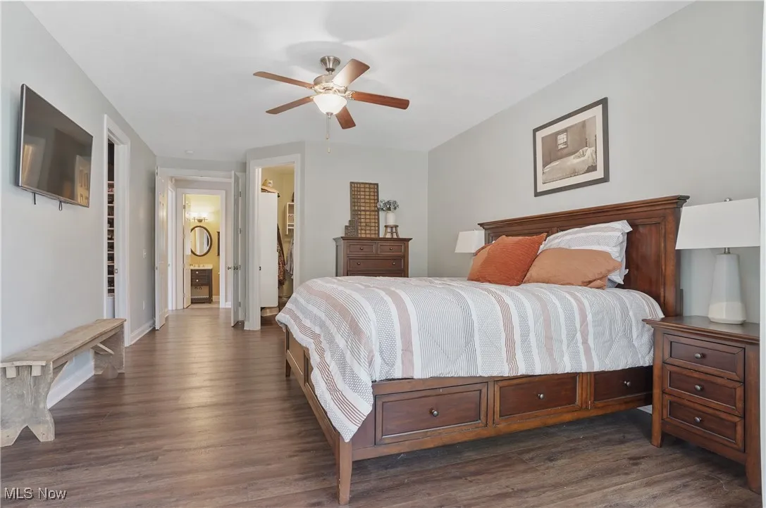 Bedroom featuring dark wood-type flooring, a walk in closet, and ceiling fan