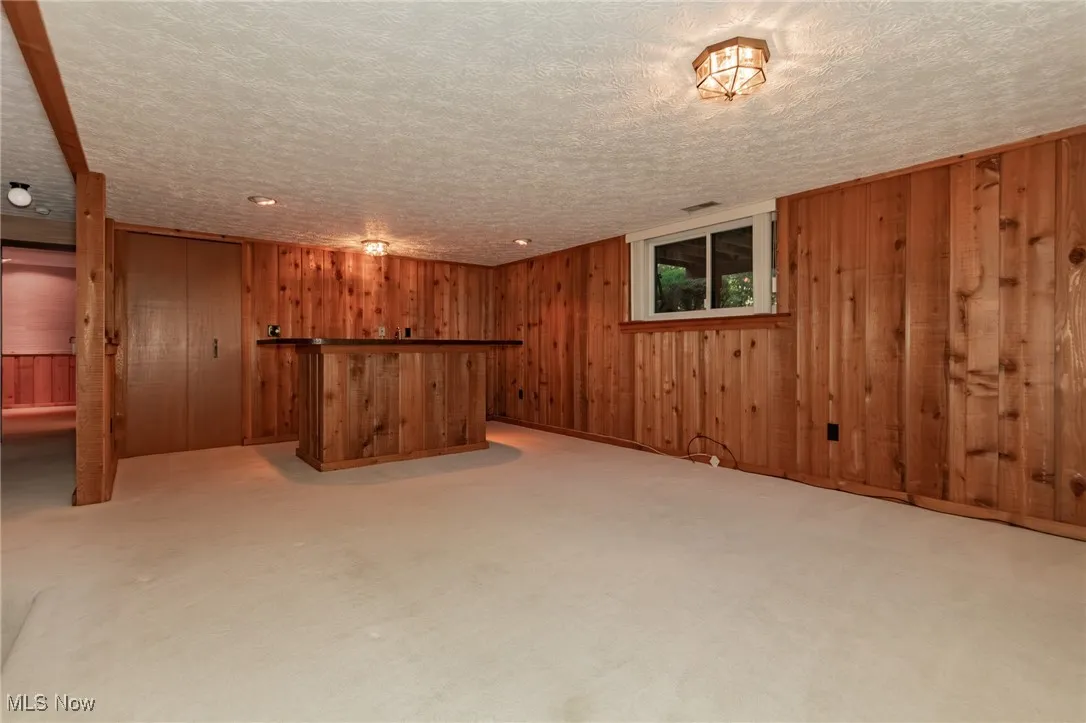 Finished below grade area with bar, light carpet, wood walls, and a textured ceiling