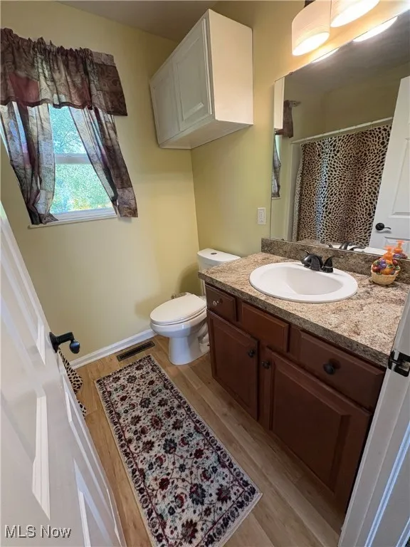 Full bath with vanity, light wood-style flooring, and a shower with shower curtain