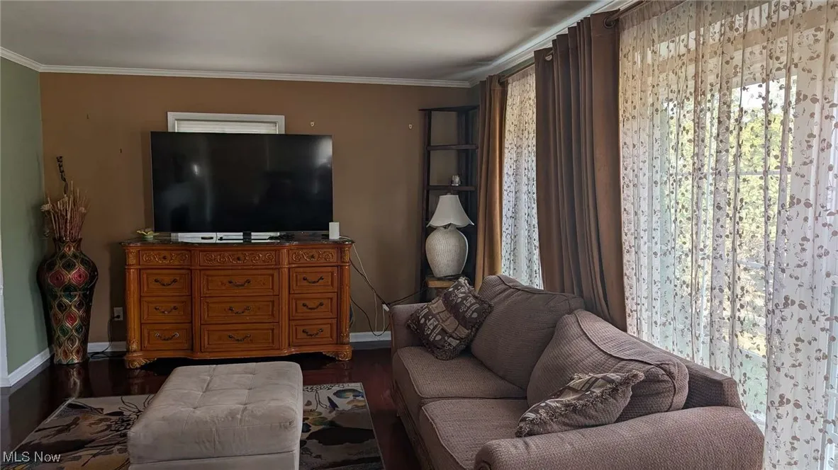 Living room featuring crown molding and wood finished floors