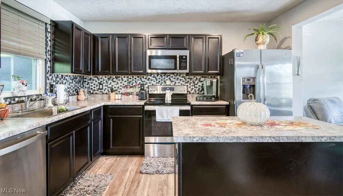 Kitchen with appliances with stainless steel finishes, light countertops, tasteful backsplash, light wood-style flooring, and dark brown cabinets