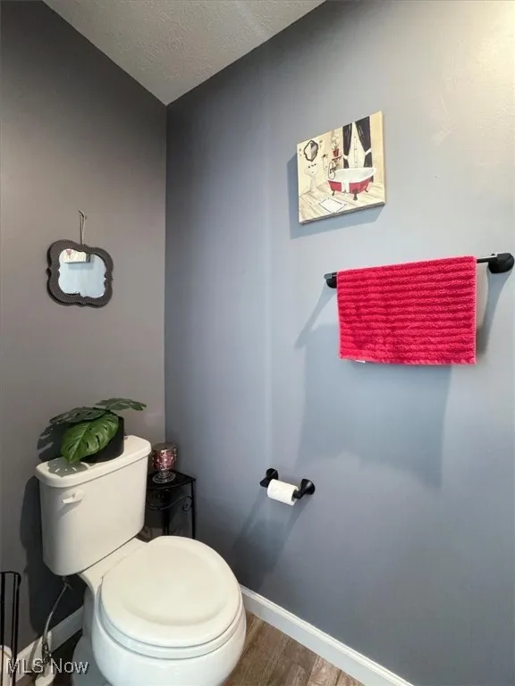 Bathroom with wood finished floors and a textured ceiling