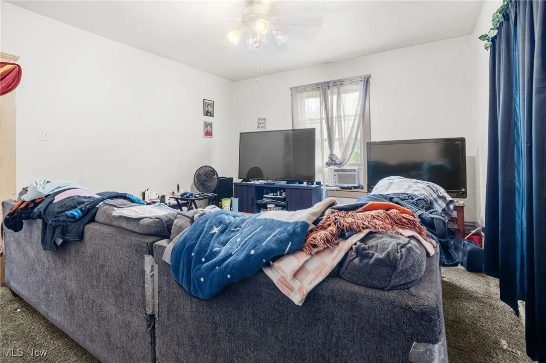 Living area with carpet flooring, a ceiling fan, and cooling unit