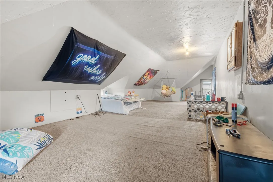 Additional living space with vaulted ceiling, a textured ceiling, and carpet floors