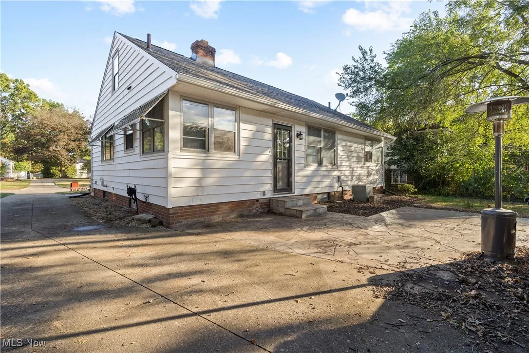 Back of house with a patio area, a chimney, entry steps, and a shingled roof