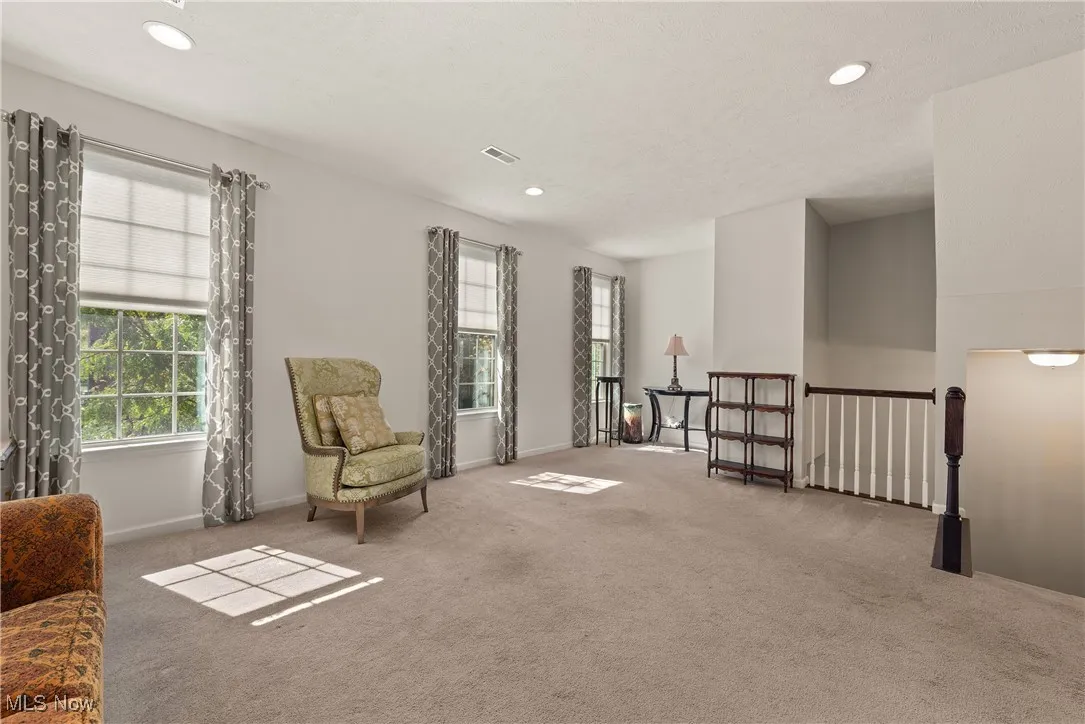 Living area with carpet floors and recessed lighting