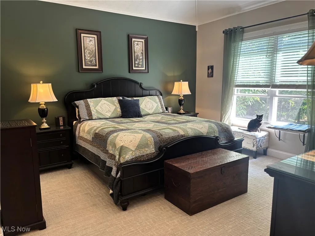 Bedroom with light carpet and crown molding
