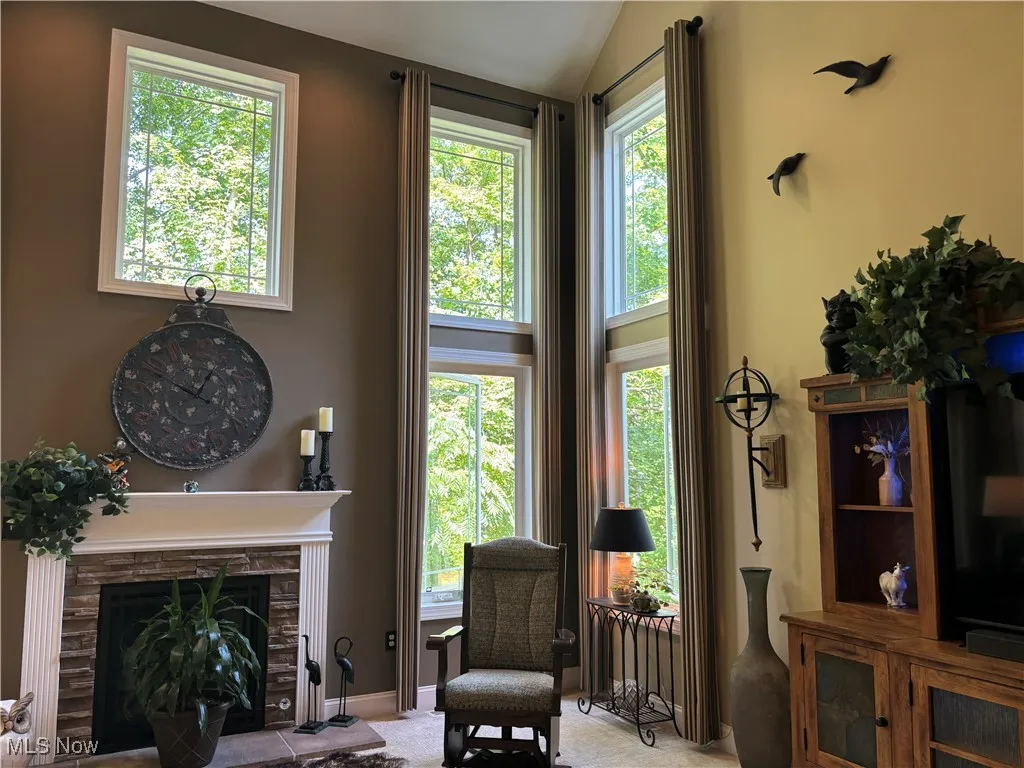 Living area featuring carpet flooring, a fireplace with raised hearth, and high vaulted ceiling