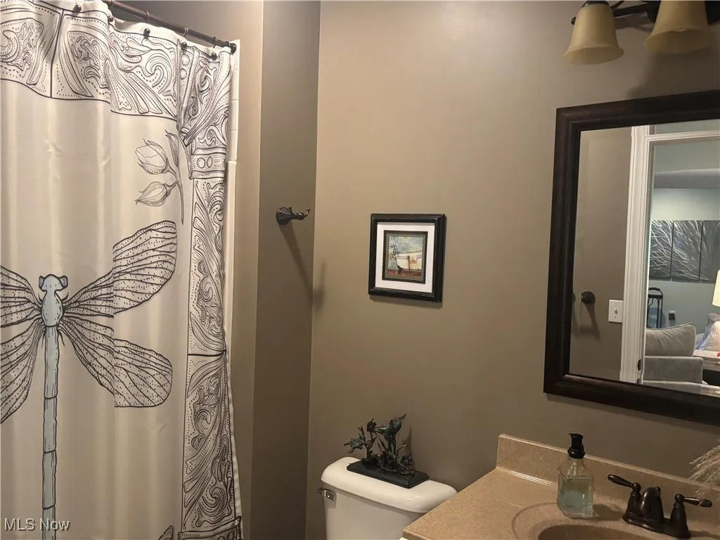 Lower level Ensuite bathroom with vanity and a shower with shower curtain