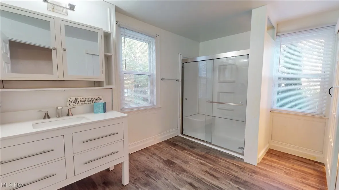 Bathroom with plenty of natural light, a stall shower, dark wood-style floors, and vanity