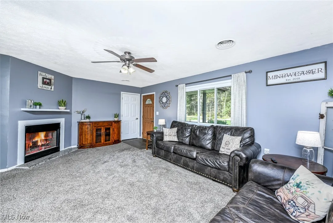 Living room with carpet, a glass covered fireplace, and ceiling fan