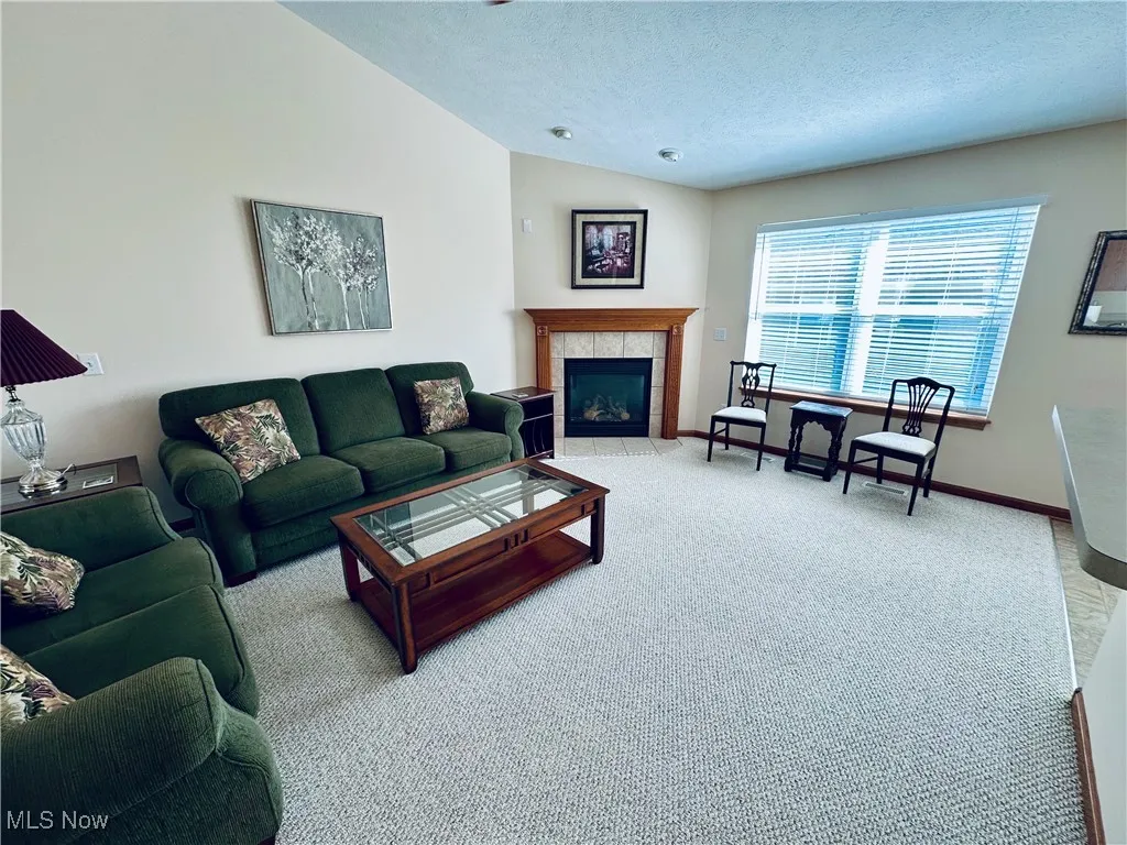 Carpeted living room featuring lofted ceiling, a textured ceiling, and a fireplace