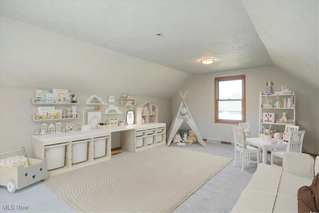 Rec room with carpet, lofted ceiling, and a textured ceiling