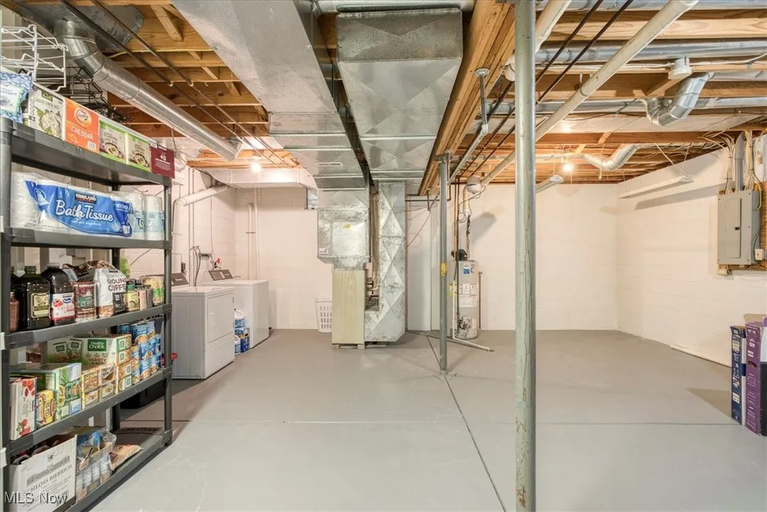 Unfinished basement featuring heating unit, electric panel, water heater, and washer and clothes dryer