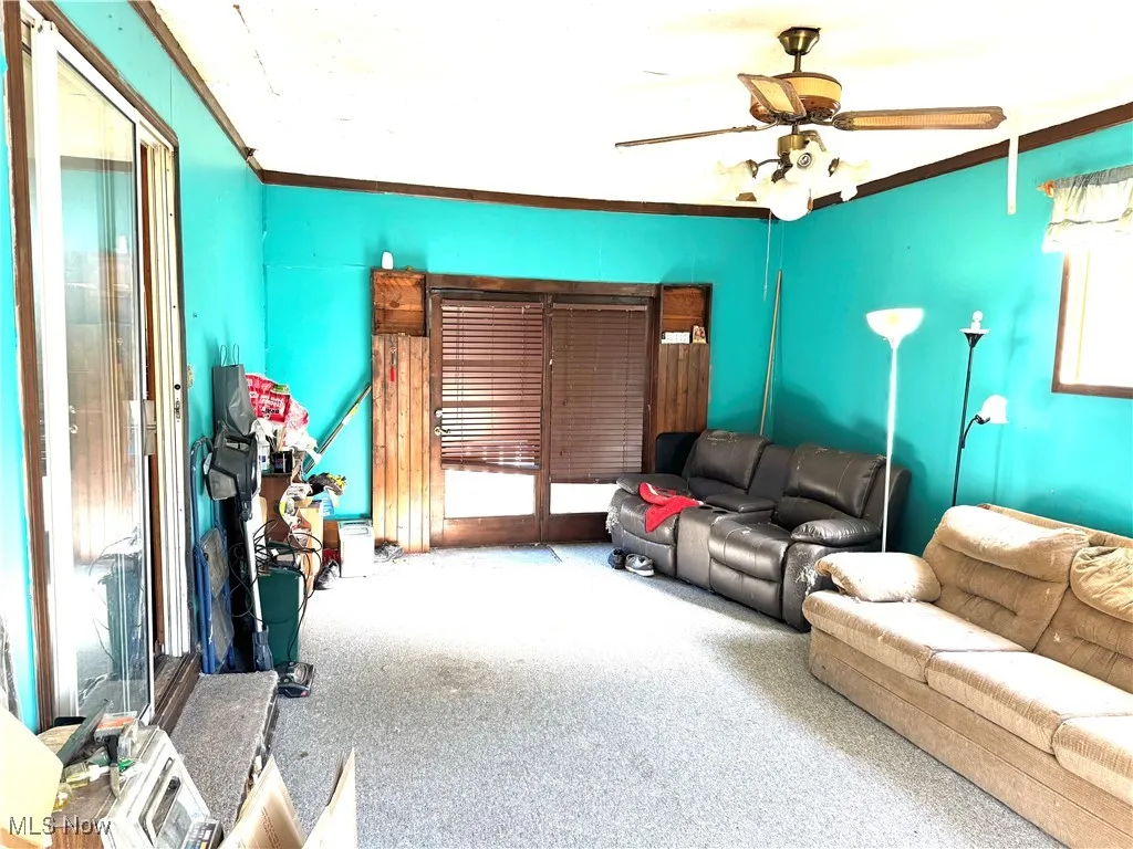 Carpeted living area featuring crown molding and a ceiling fan